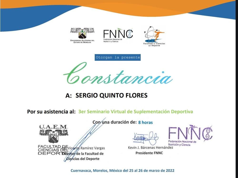 Constancia de Suplementación Deportiva — Sergio Quinto Flores